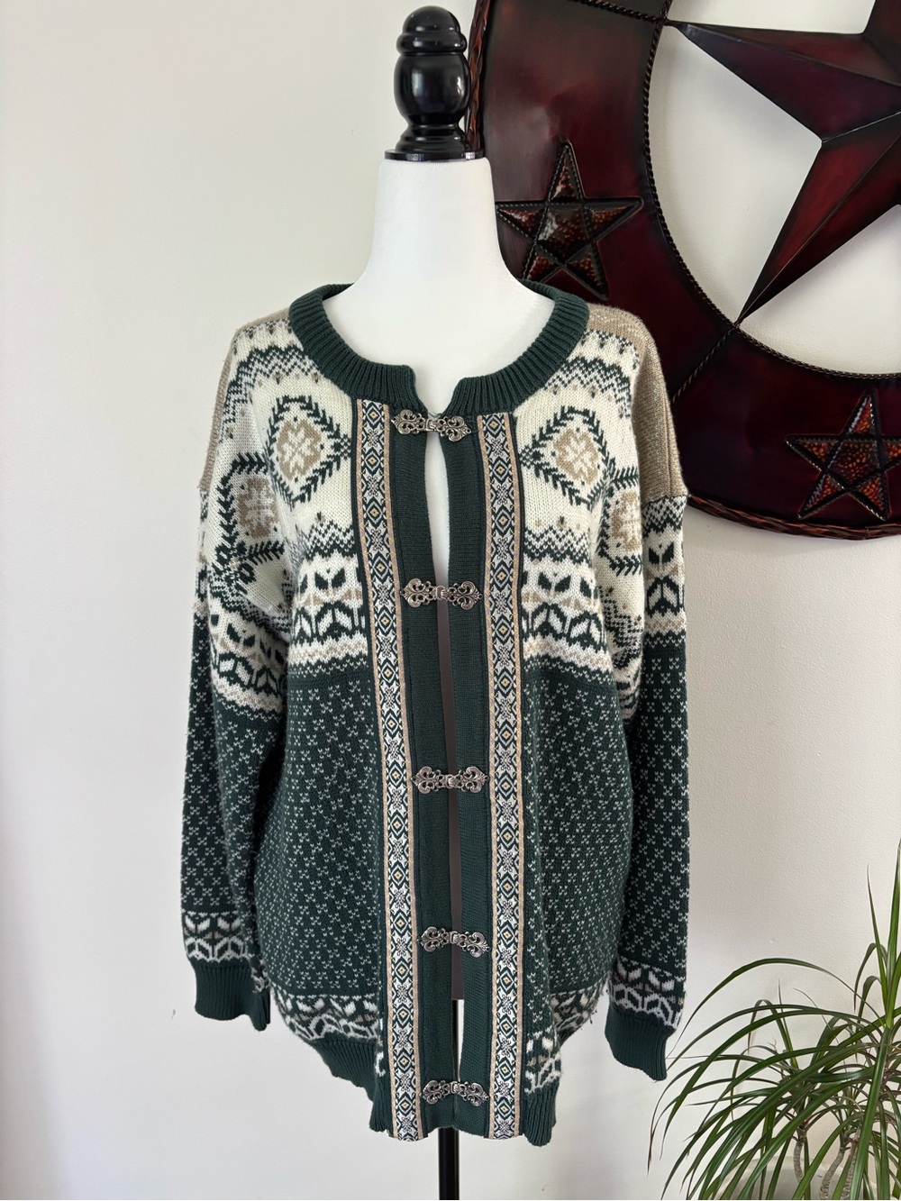 Cottage Cove Cozy Cottagecore Green Vintage Nordic Patterned Women's Cardigan Lg